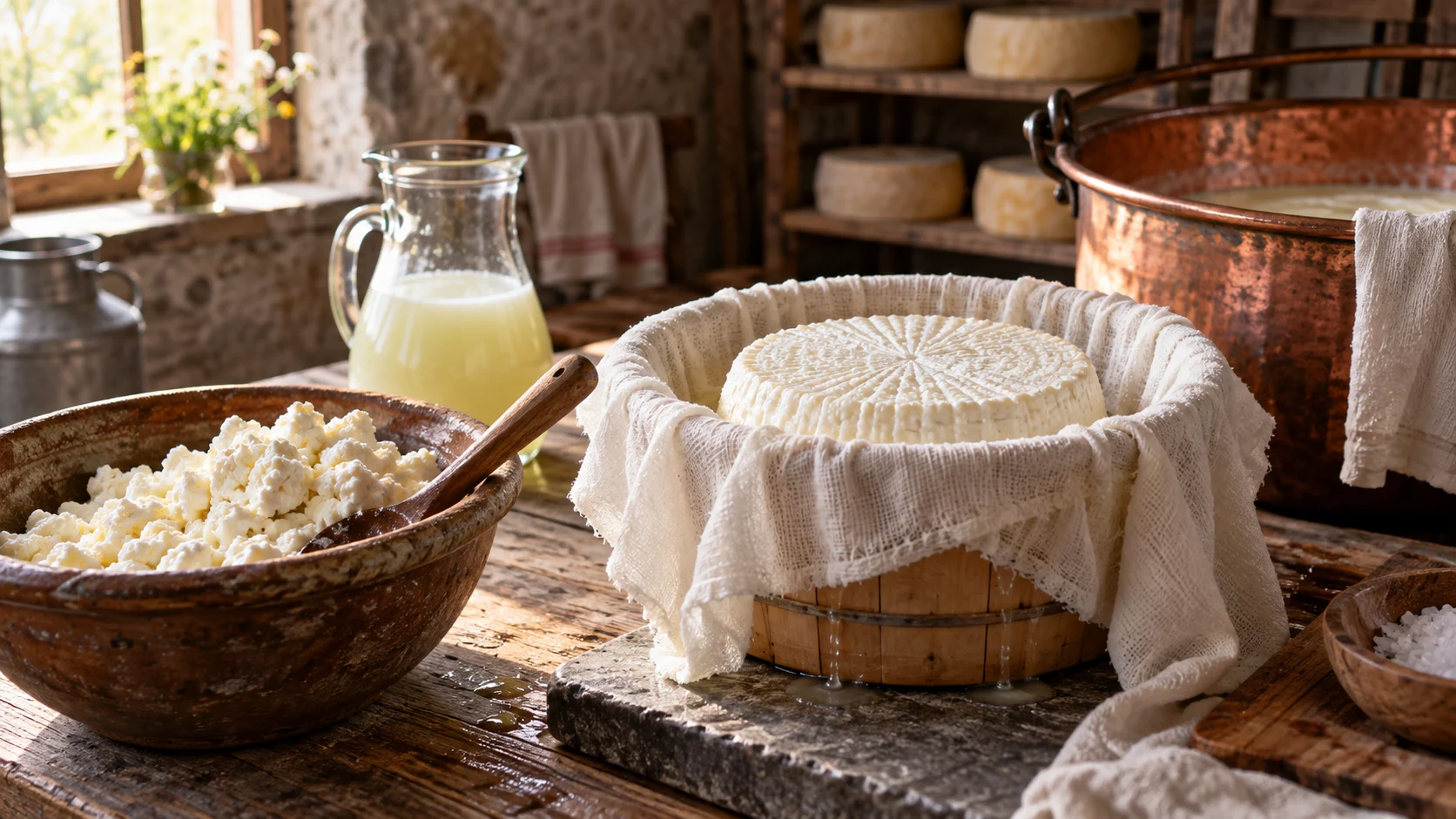 Fresh curds whey and a cloth-lined mold fill a rustic dairy worktable