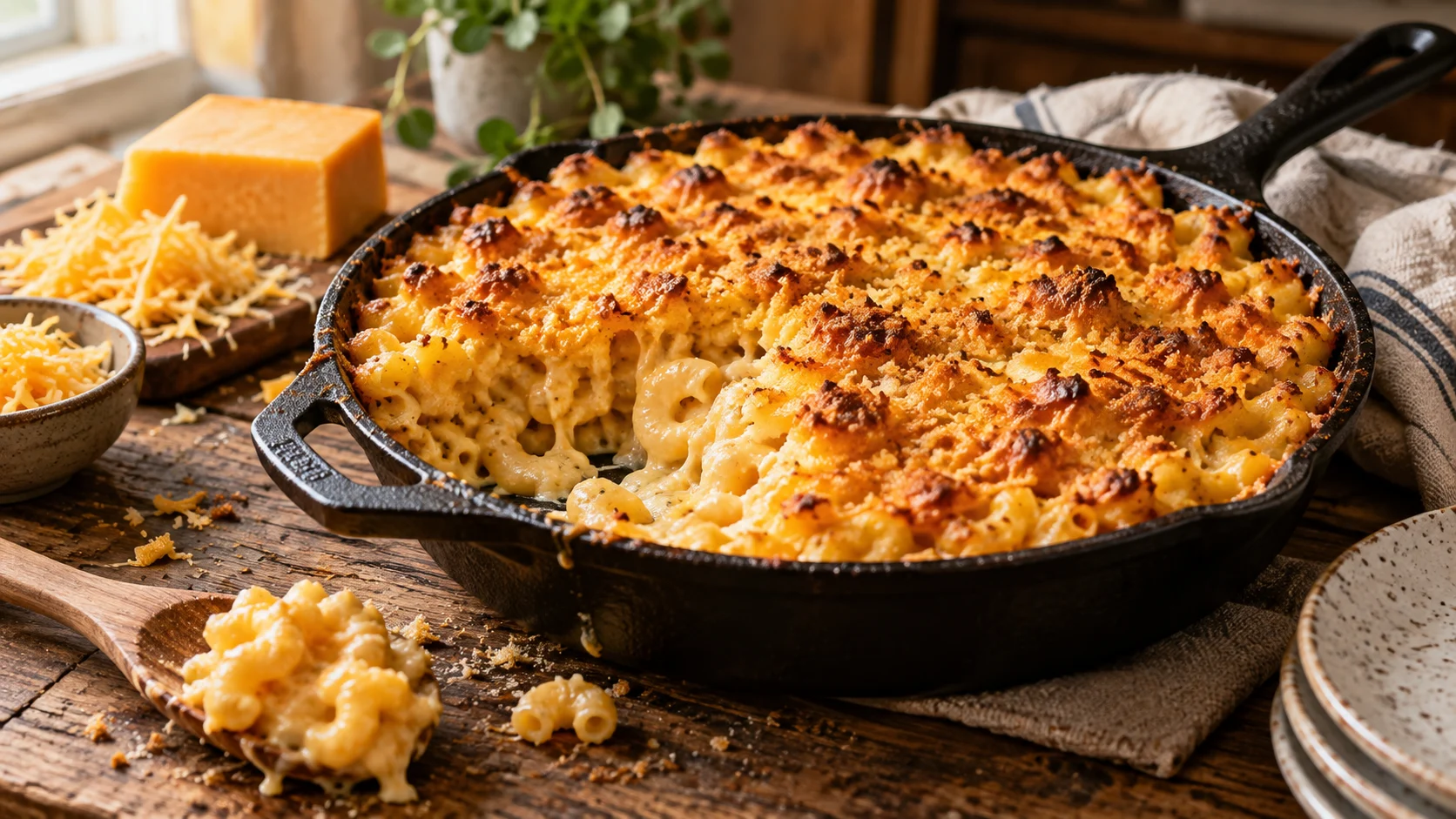 Baked macaroni and cheese bubbles beneath a crisp golden crust