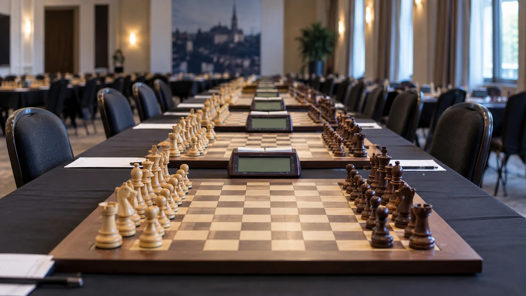 Tournament chessboards and clocks in a quiet competition hall