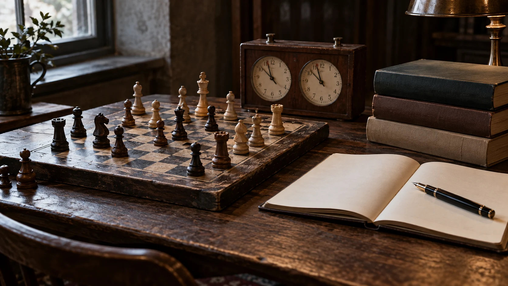 Worn chessboard notebook fountain pen and analog clock in a study