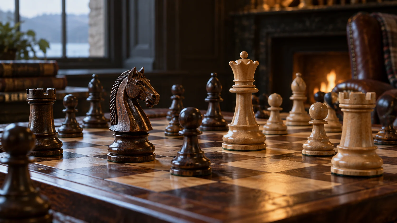 Wooden knight queen and rook in a complex middlegame position