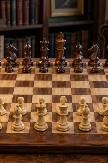 Wooden chessboard arranged in the correct starting position