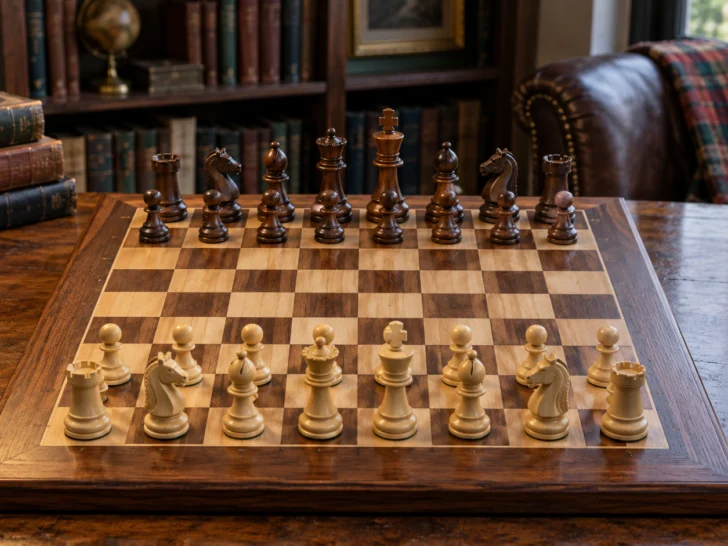 Wooden chessboard arranged in the correct starting position
