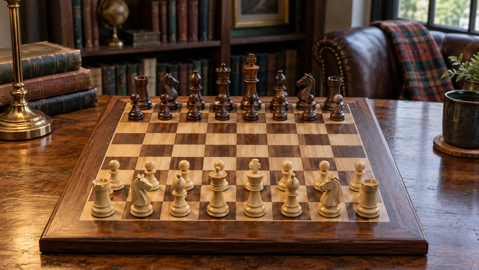 Wooden chessboard arranged in the correct starting position