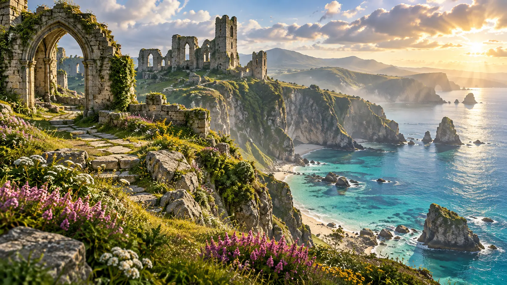 Ancient seaside castle ruins above a turquoise bay