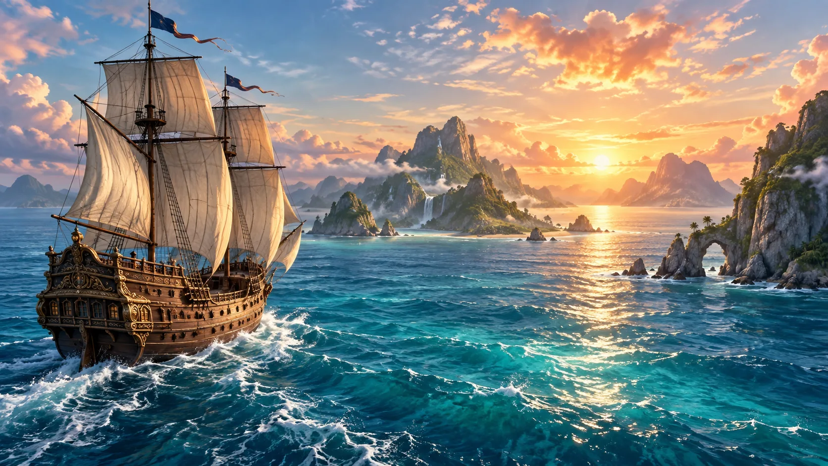 A wooden sailing ship crossing a brilliant magical sea