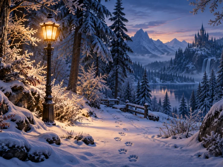 A glowing lamppost in a snowy enchanted forest