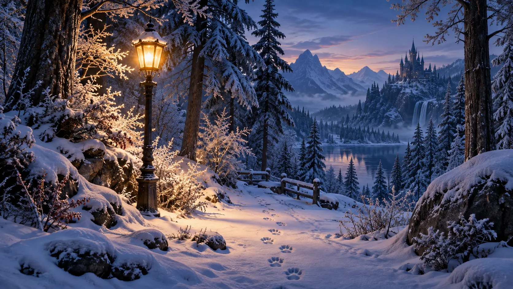 A glowing lamppost in a snowy enchanted forest
