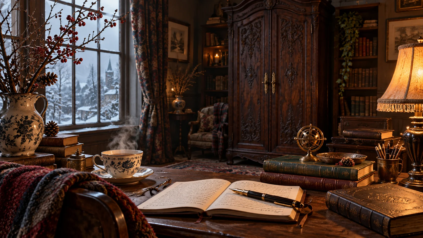 An antique wardrobe, old books, and winter branches in a lamplit study