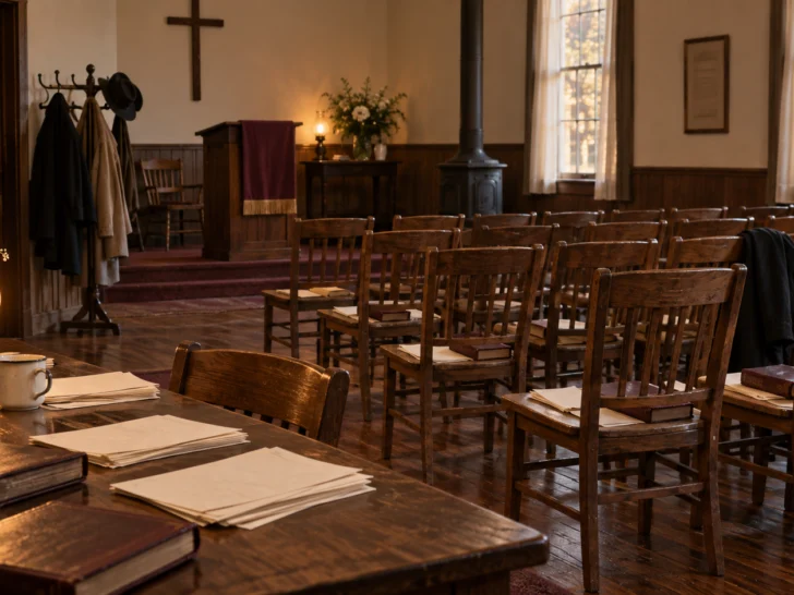 Mid-1950s Southern church meeting room with wooden chairs and blank organizing leaflets