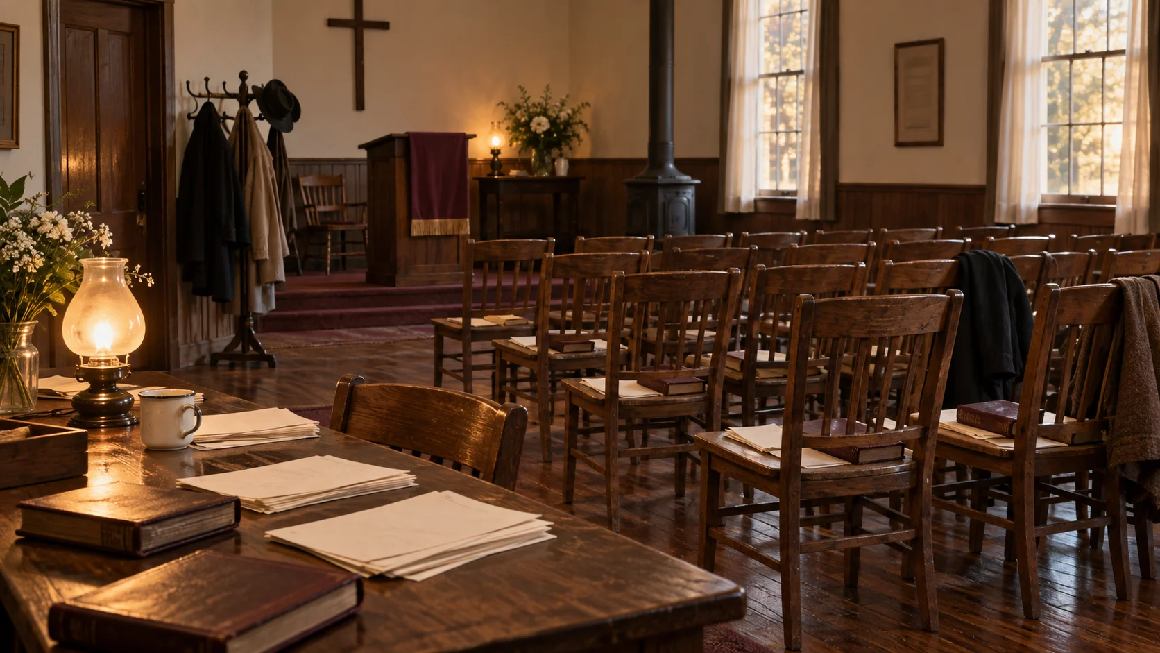 Mid-1950s Southern church meeting room with wooden chairs and blank organizing leaflets
