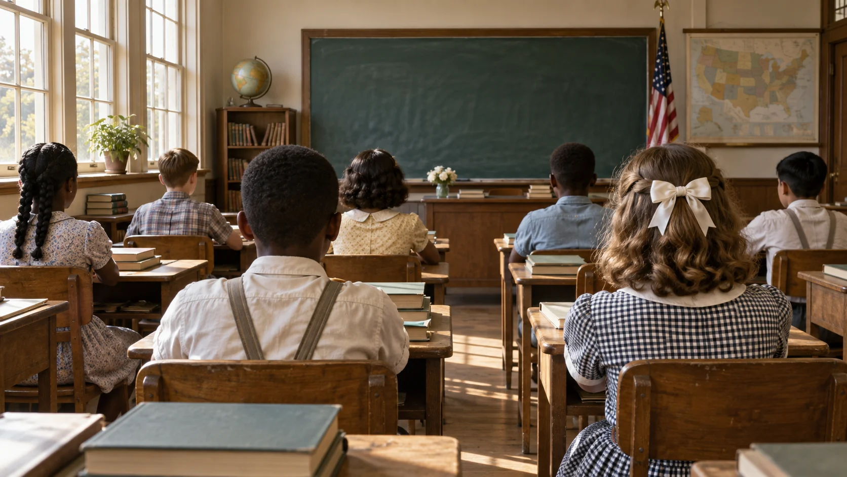 Diverse schoolchildren seated together in a sunlit 1950s classroom