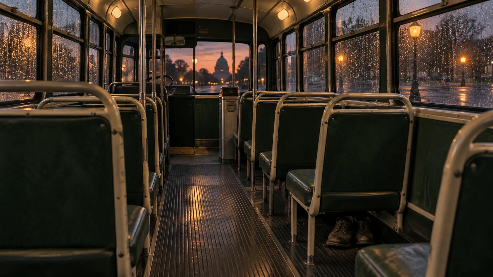 Empty 1950s Montgomery city bus at dusk with worn walking shoes beneath a seat