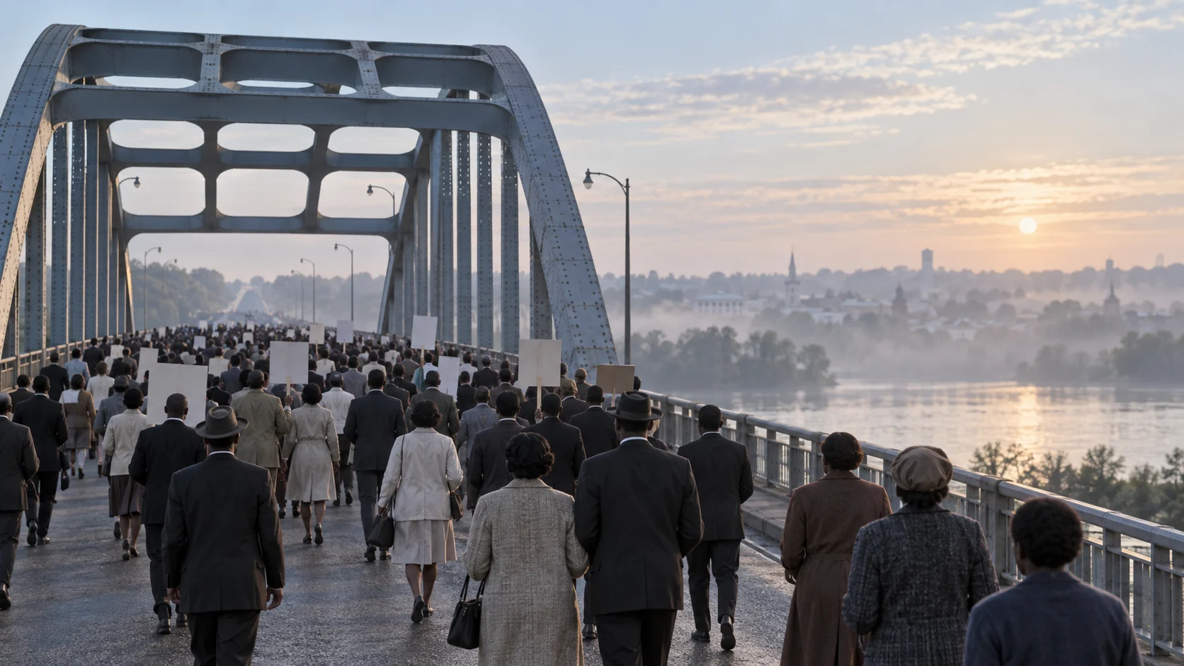 Peaceful voting-rights marchers crossing a broad Alabama steel bridge in morning light