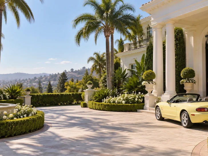 Sunlit Beverly Hills mansion driveway with palm trees and a yellow convertible