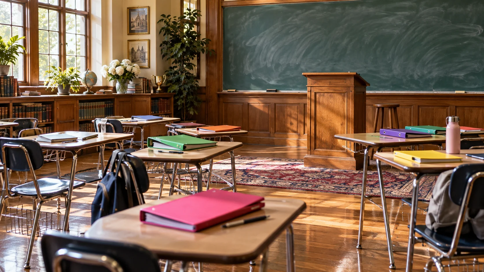 Sunlit high school debate classroom with a podium and colorful binders on the desks