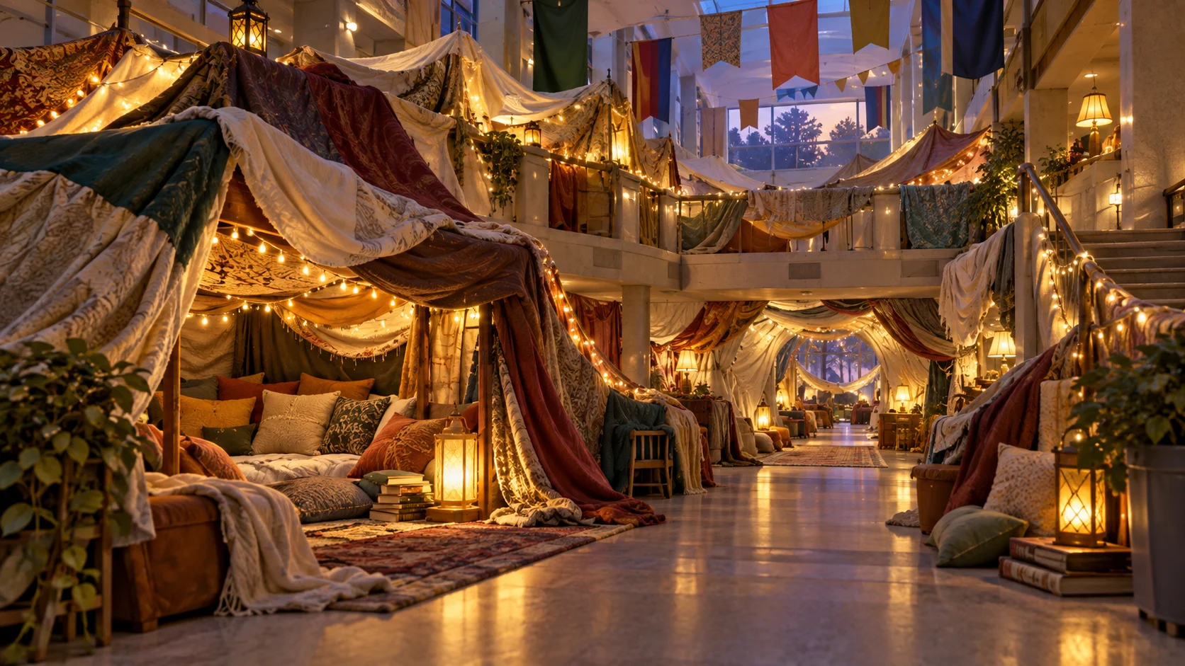 An enormous blanket-and-pillow fort filling a college campus