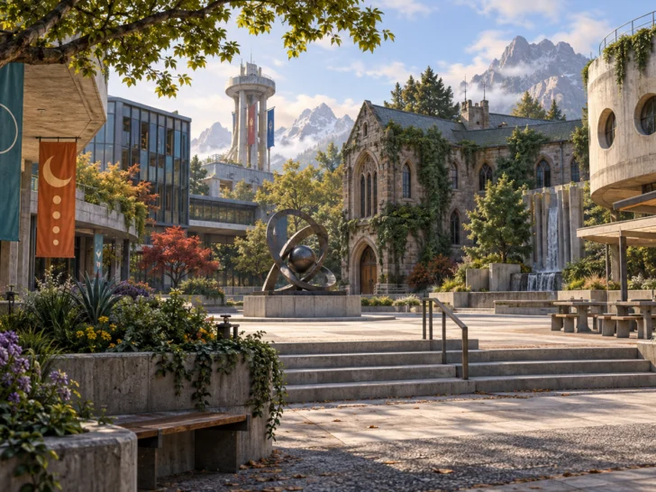 An offbeat community college campus courtyard on a sunny day