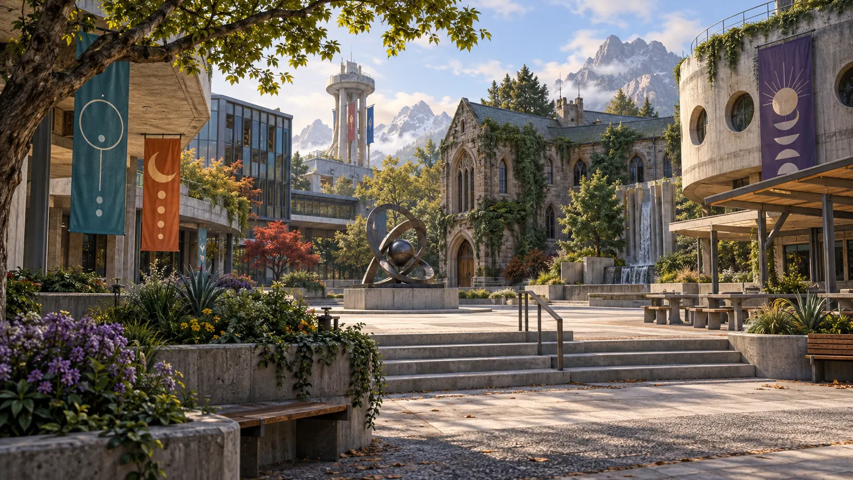 An offbeat community college campus courtyard on a sunny day