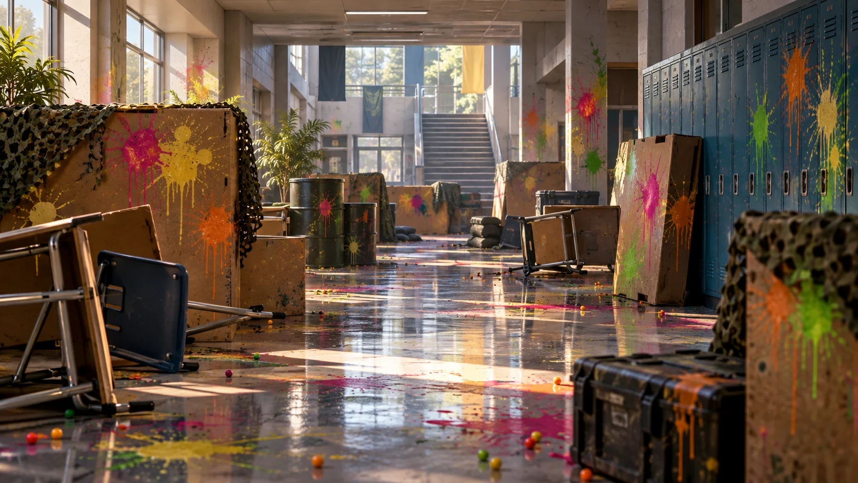 A deserted college hallway covered in colorful paint splashes