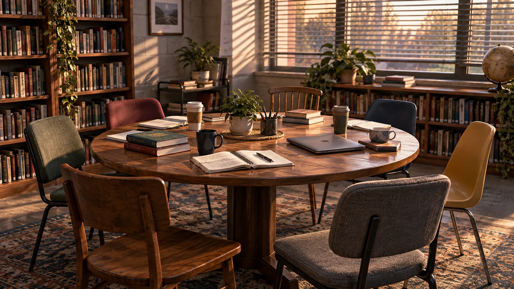A community college study room with a round table and seven chairs