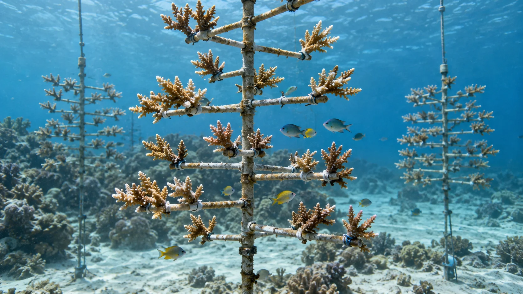Healthy coral fragments grow on suspended nursery frames