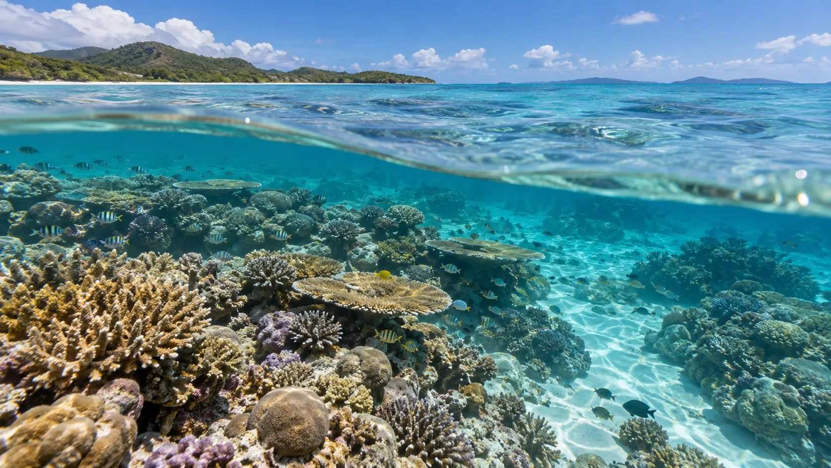 Turquoise water reveals a broad coral reef crest and lagoon