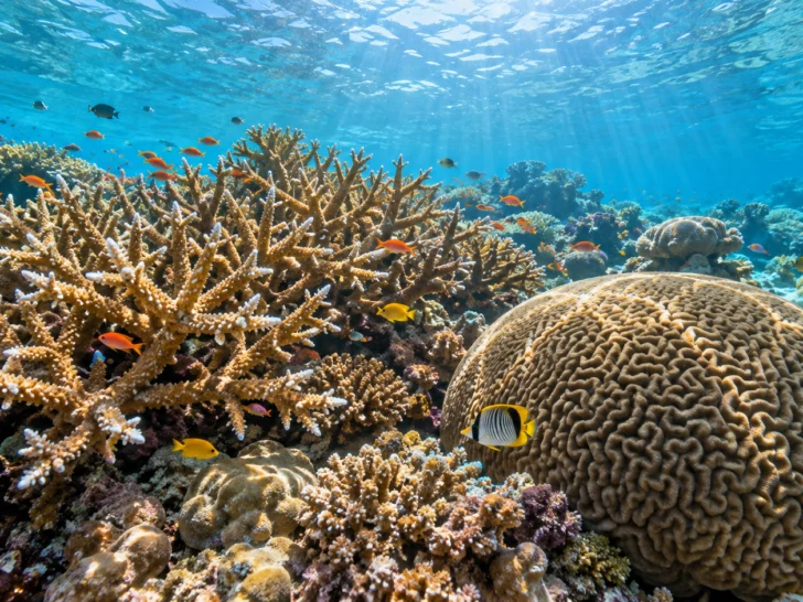 Branching and brain corals shelter colorful fish in clear shallows