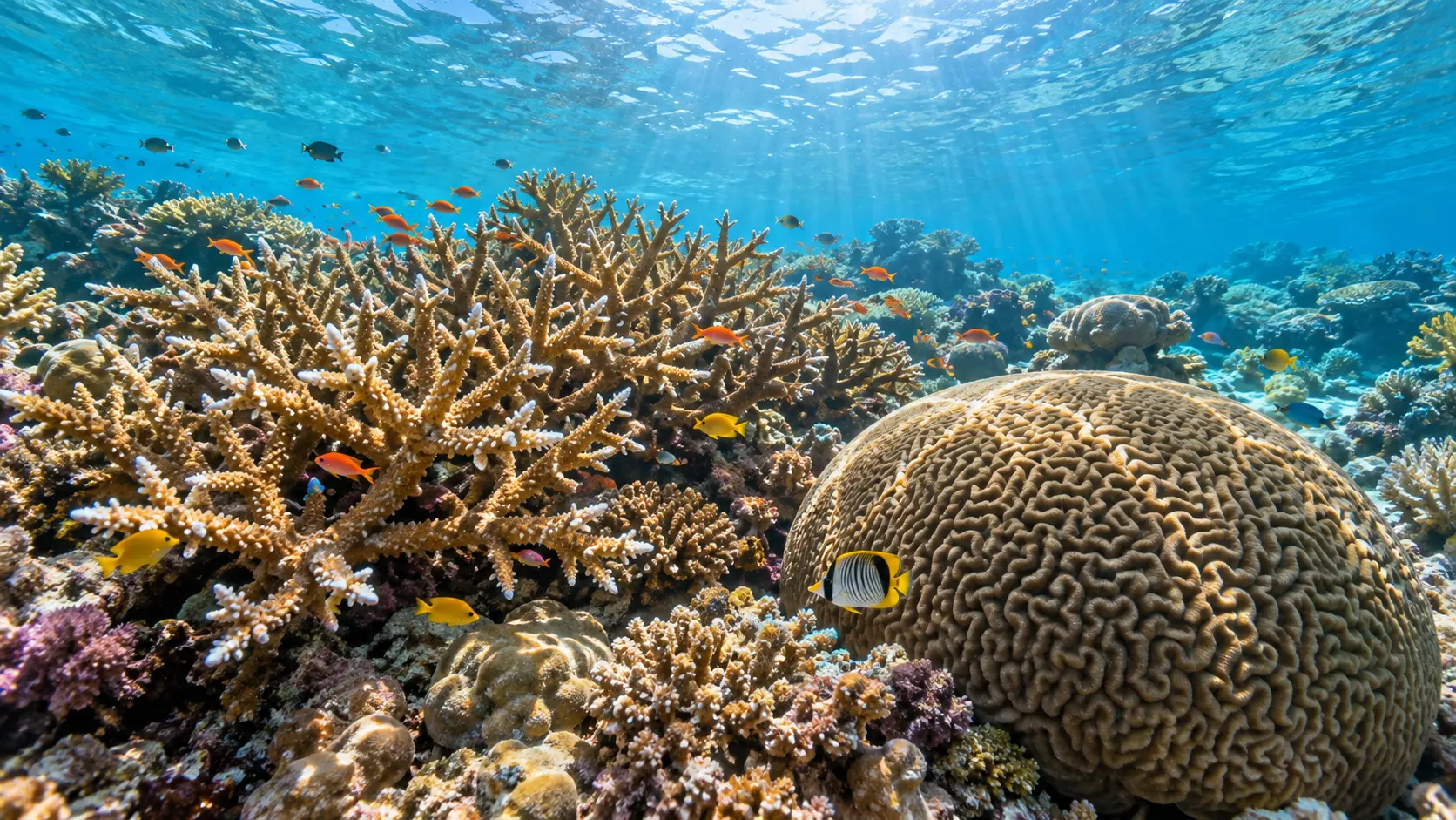 Branching and brain corals shelter colorful fish in clear shallows