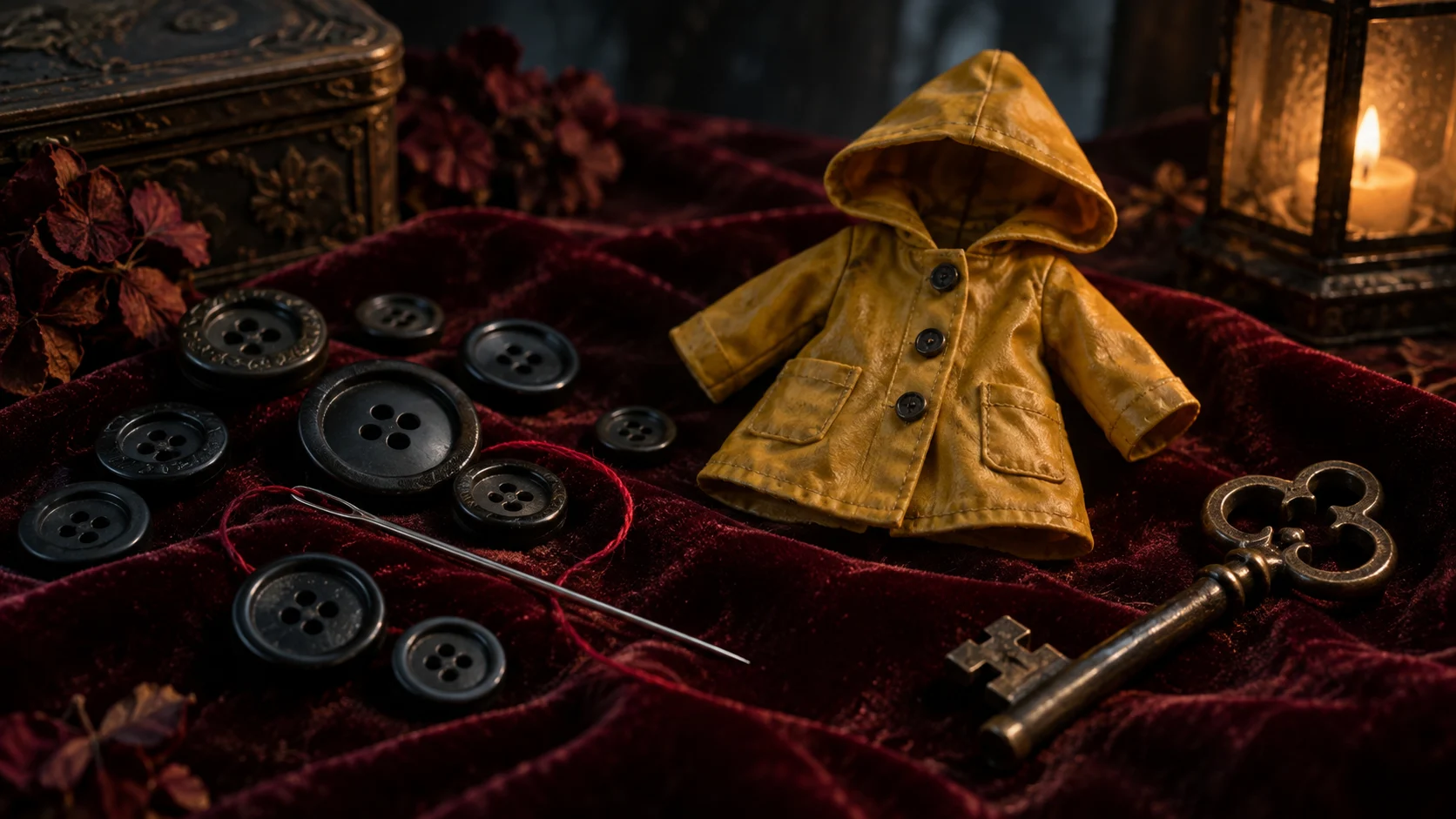 Black buttons, silver needle, and antique key on dark velvet
