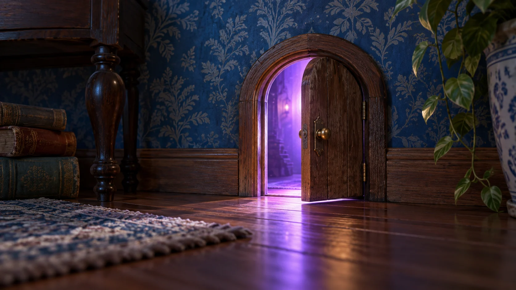 A tiny locked door in a wallpapered room glowing from within