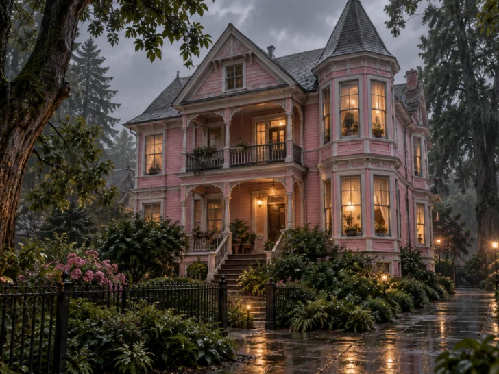 An old pink Victorian house under a gray rainy sky