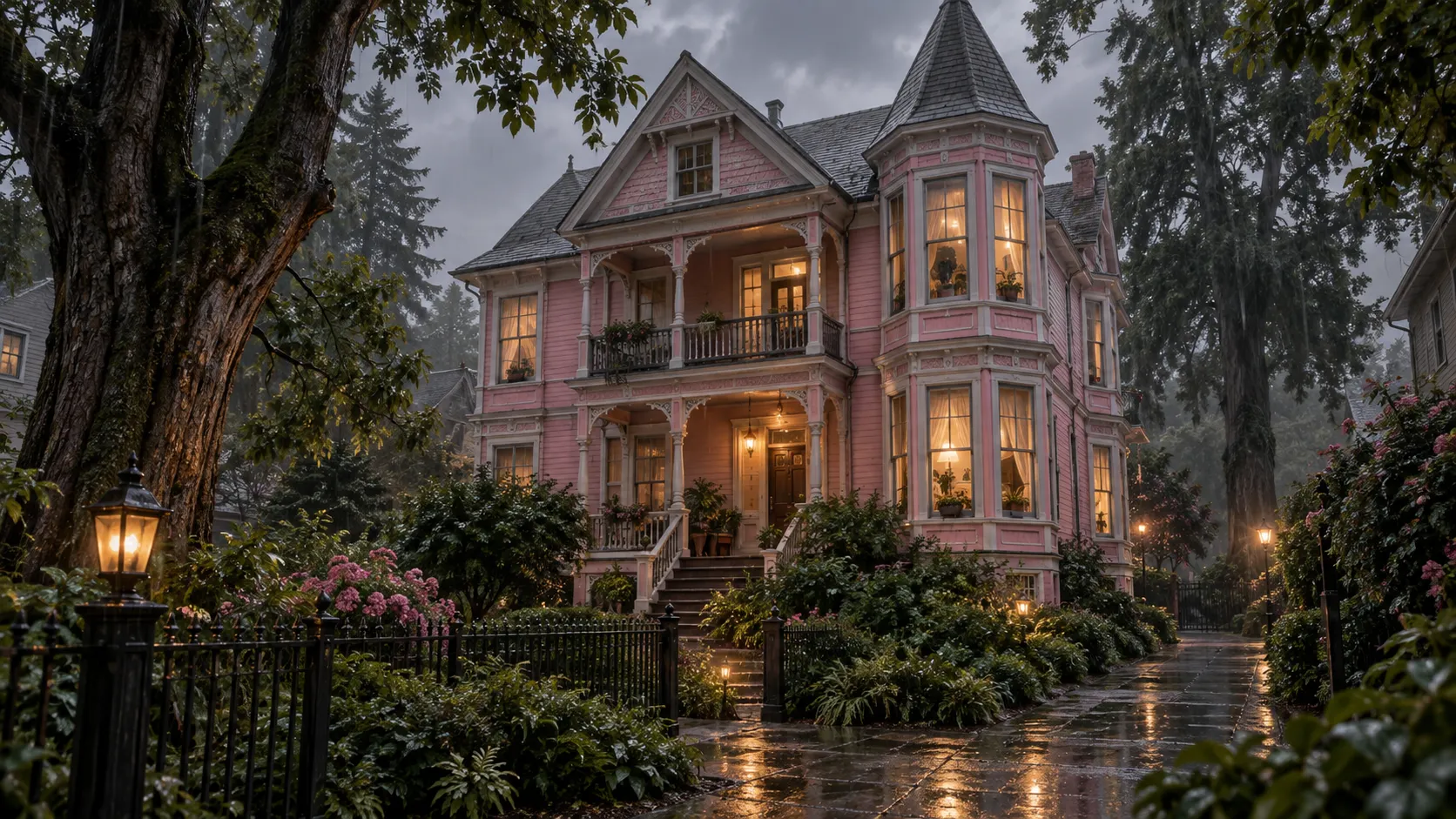 An old pink Victorian house under a gray rainy sky