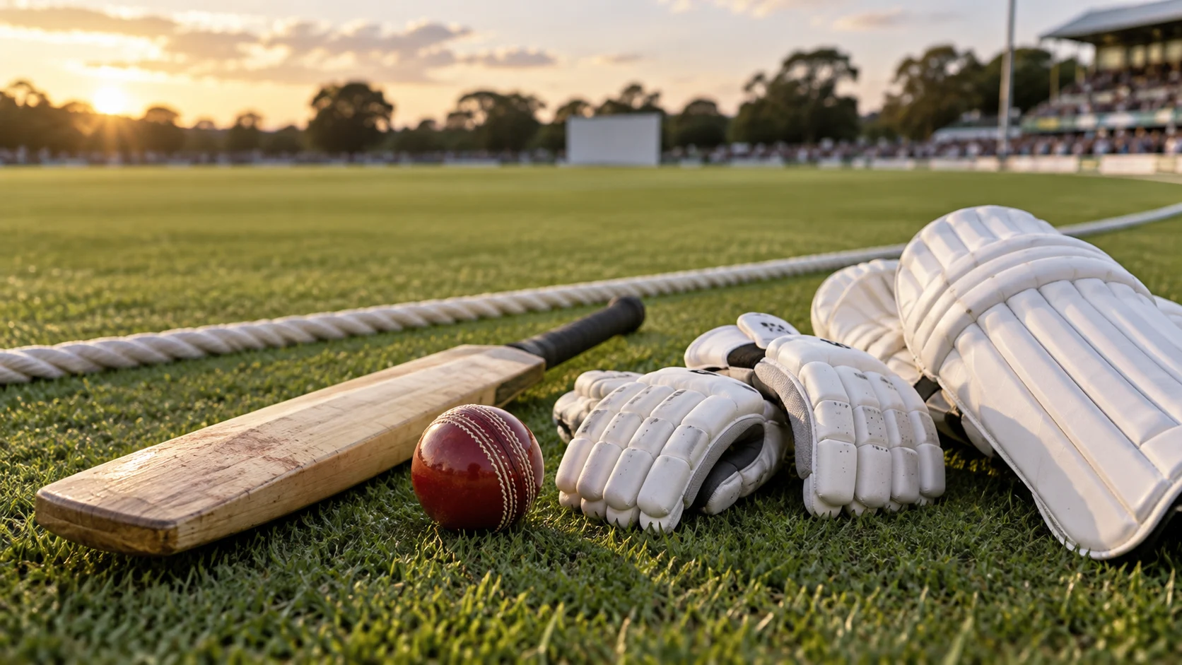 Red cricket ball bat gloves and pads resting on grass