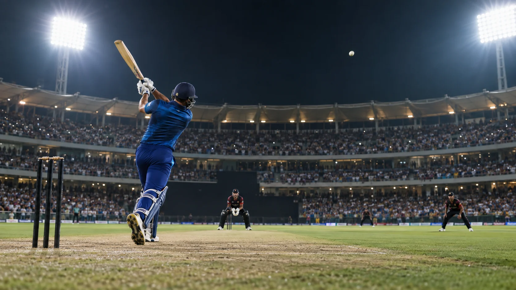 Night cricket match under floodlights with a batter striking the ball