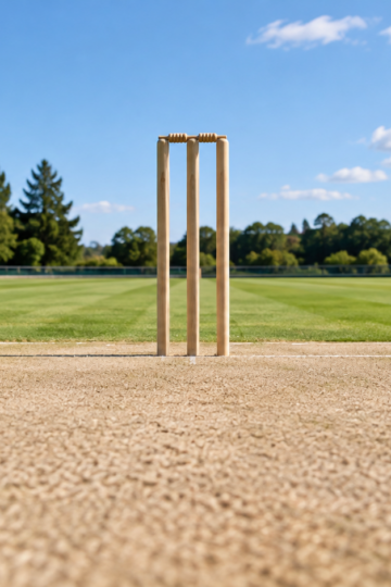 Pristine cricket pitch viewed toward wooden stumps and bails