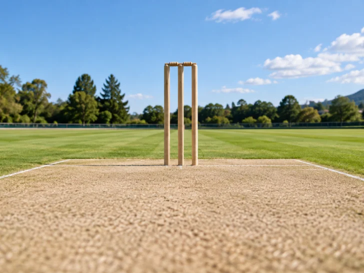 Pristine cricket pitch viewed toward wooden stumps and bails