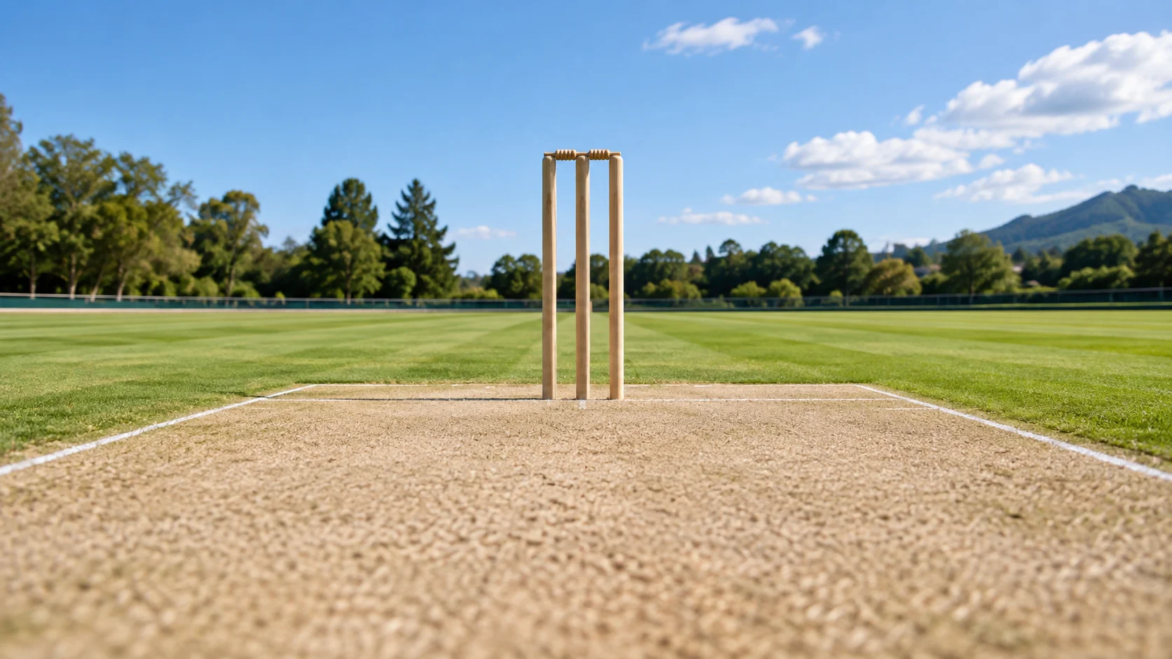 Pristine cricket pitch viewed toward wooden stumps and bails