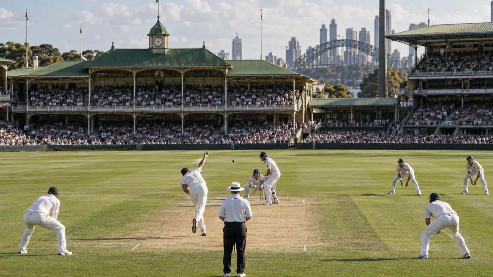 Test cricket match underway in a grand historic oval