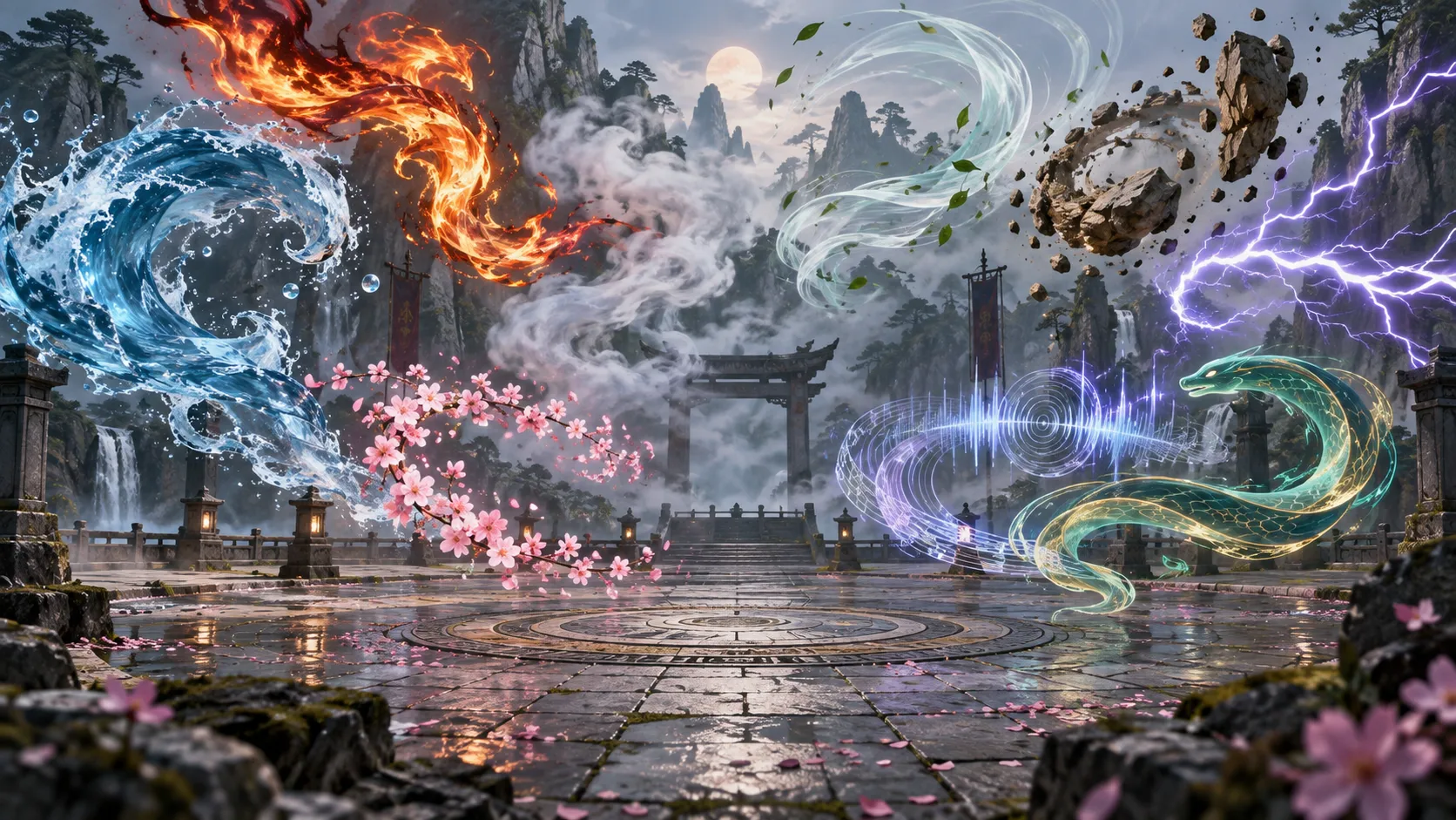 Nine elemental motifs swirling around an empty training courtyard