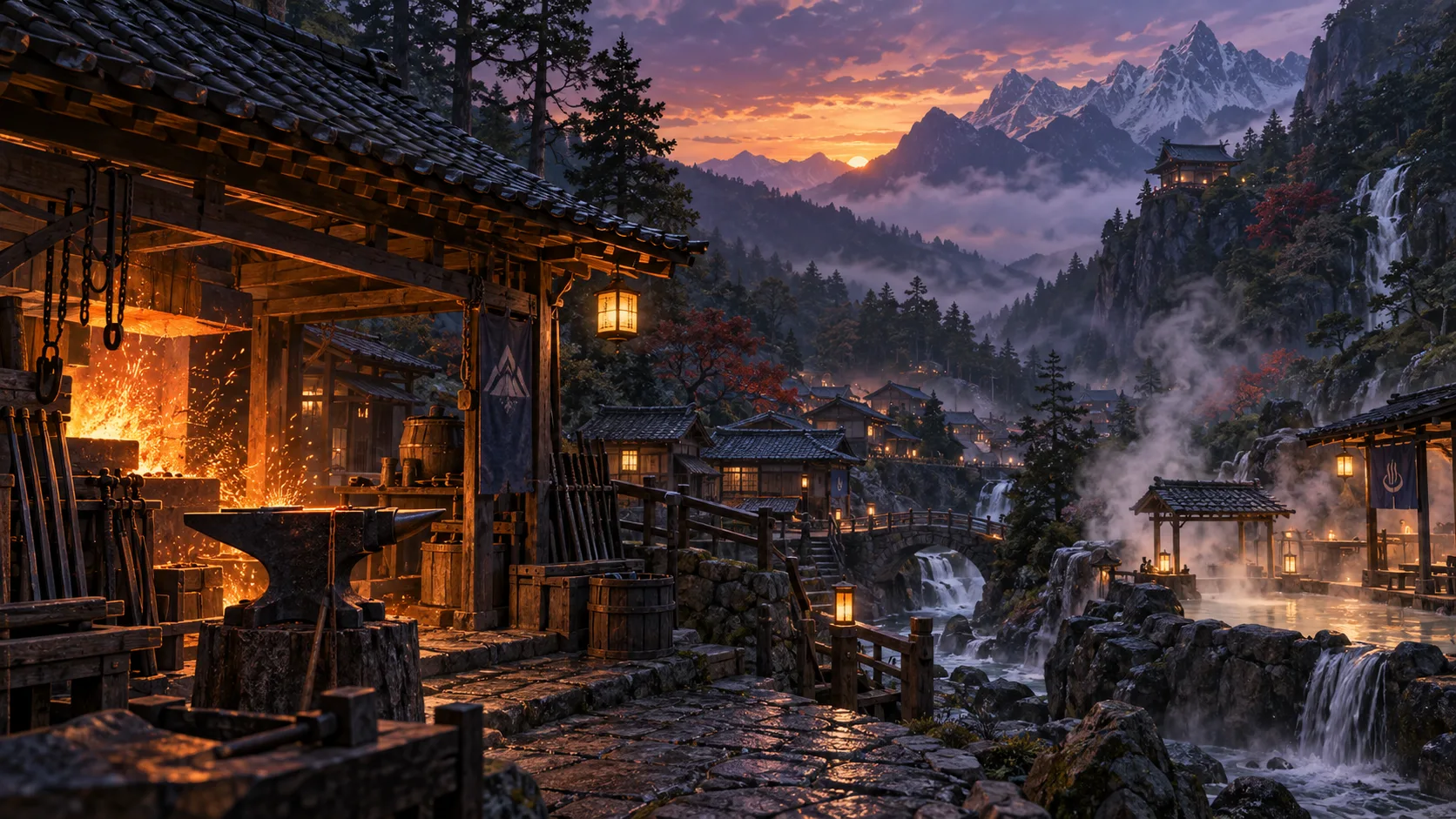 Mountain swordsmith village glowing with forge sparks at twilight