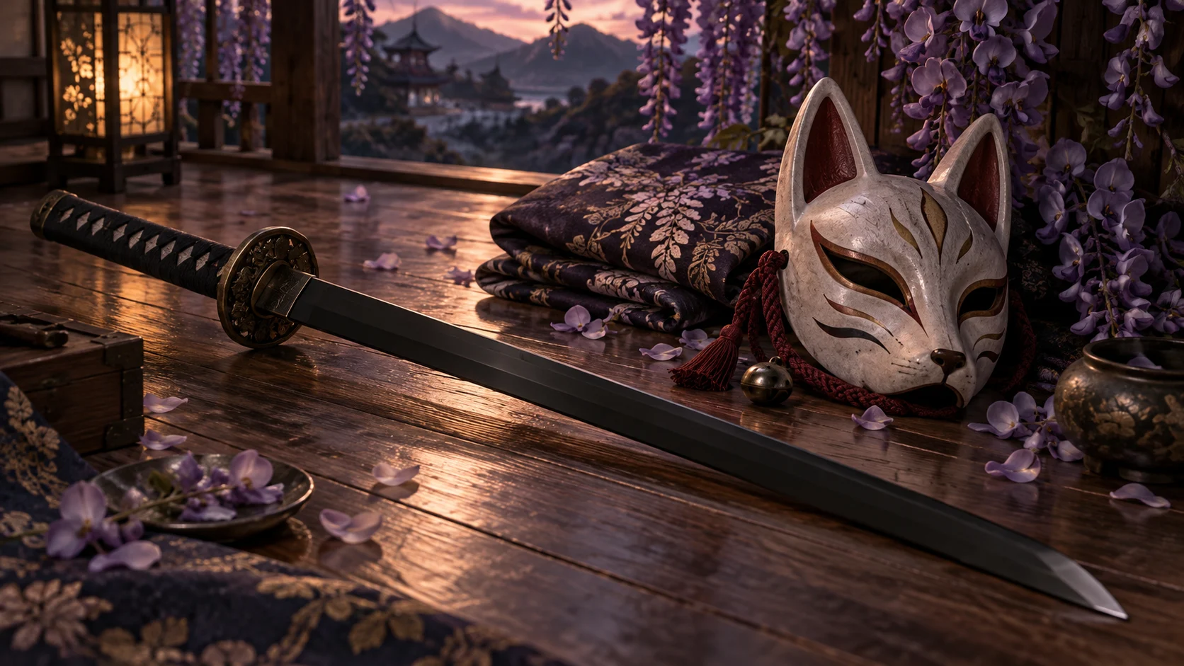 Japanese sword fox-shaped mask patterned cloth and wisteria