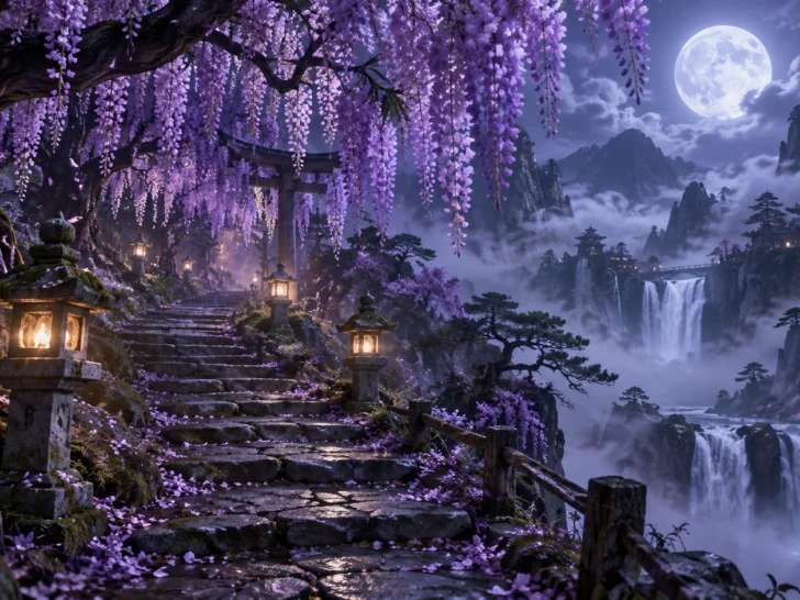 Moonlit Japanese mountain path beneath cascading purple wisteria