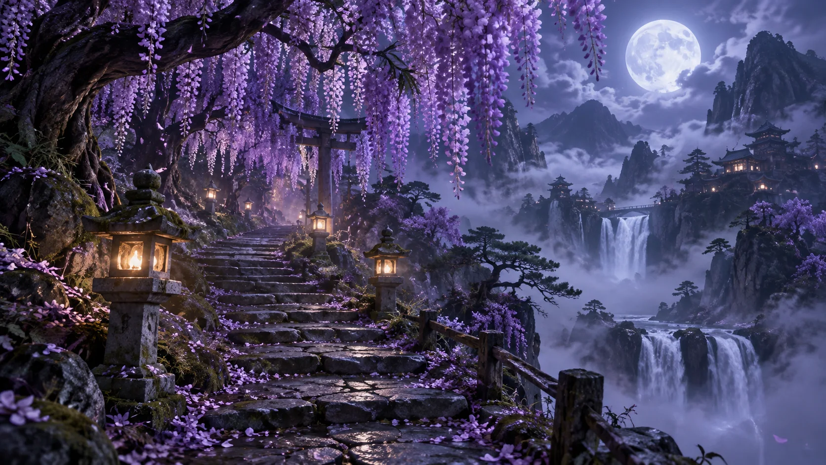 Moonlit Japanese mountain path beneath cascading purple wisteria