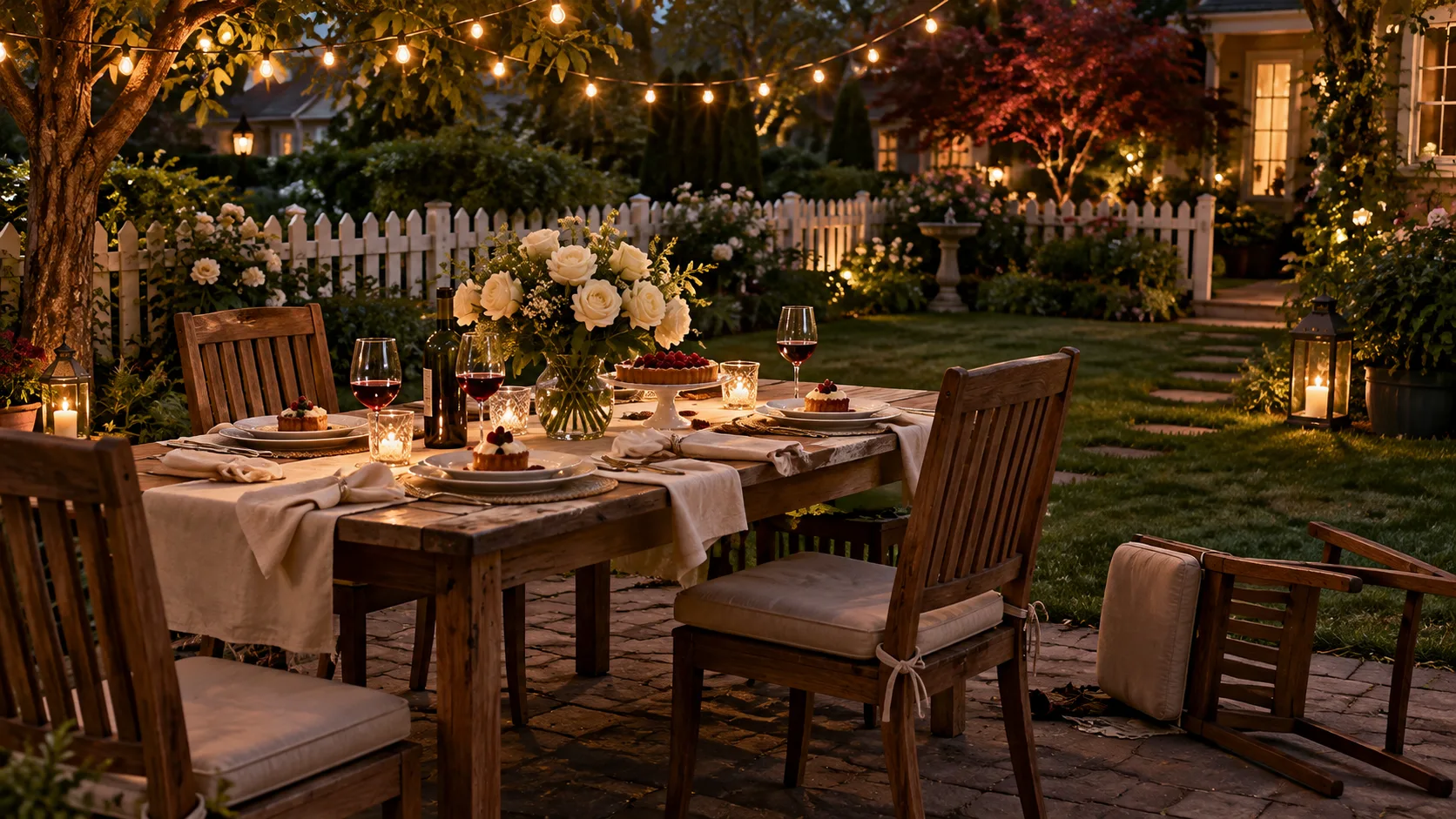Backyard dinner table for four with desserts, red wine, white roses, string lights, and a toppled chair