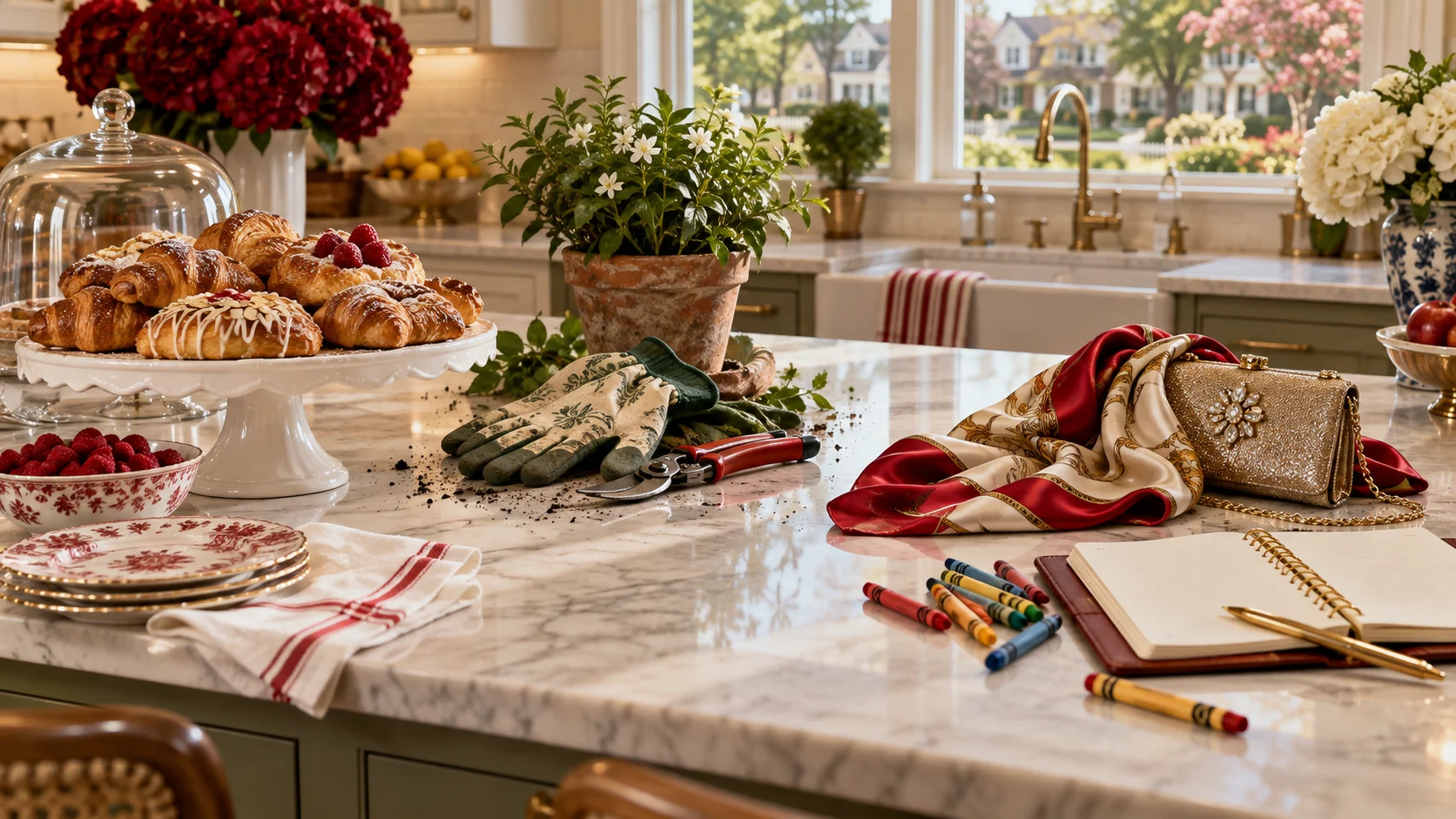 Pastries, gardening gloves, silk scarf, jeweled clutch, crayons, and a blank planner on a kitchen island