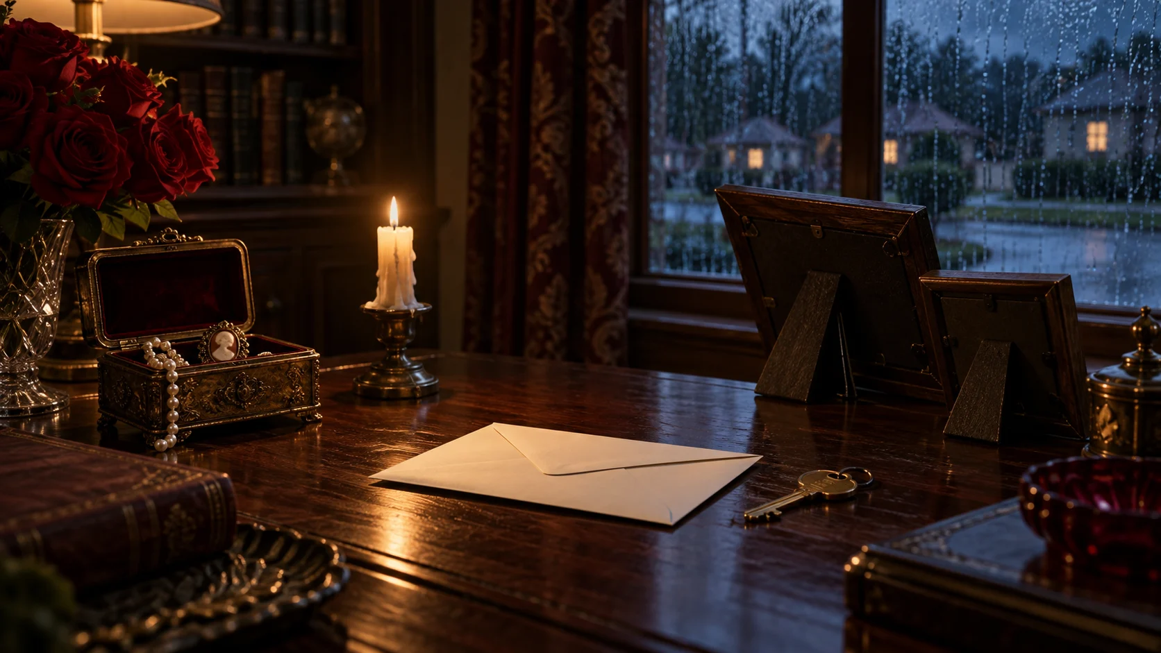 Sealed envelope, antique jewelry box, face-down photo frames, candle, and house key in a rainy study