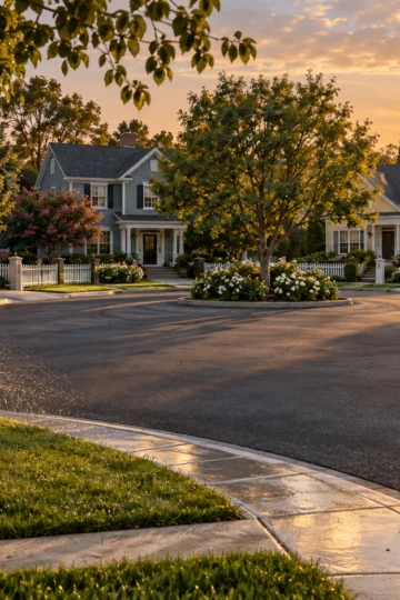 Pristine suburban cul-de-sac with picket fences, roses, sprinklers, and an overturned grocery bag