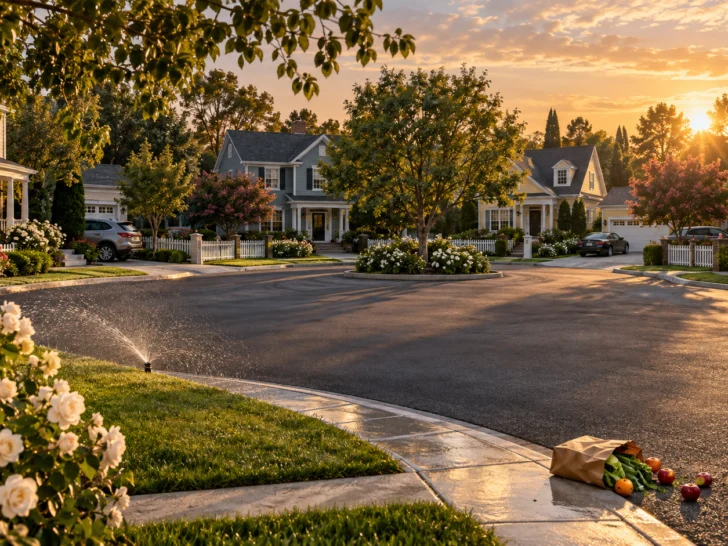 Pristine suburban cul-de-sac with picket fences, roses, sprinklers, and an overturned grocery bag