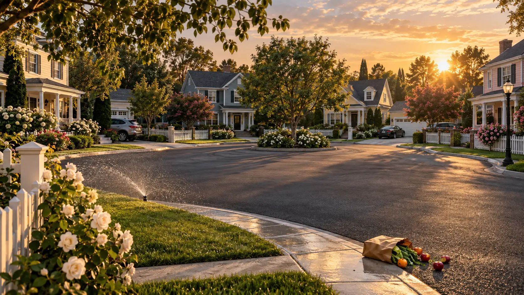 Pristine suburban cul-de-sac with picket fences, roses, sprinklers, and an overturned grocery bag
